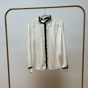 Zara Basics white silk top with black trim down the center, size L